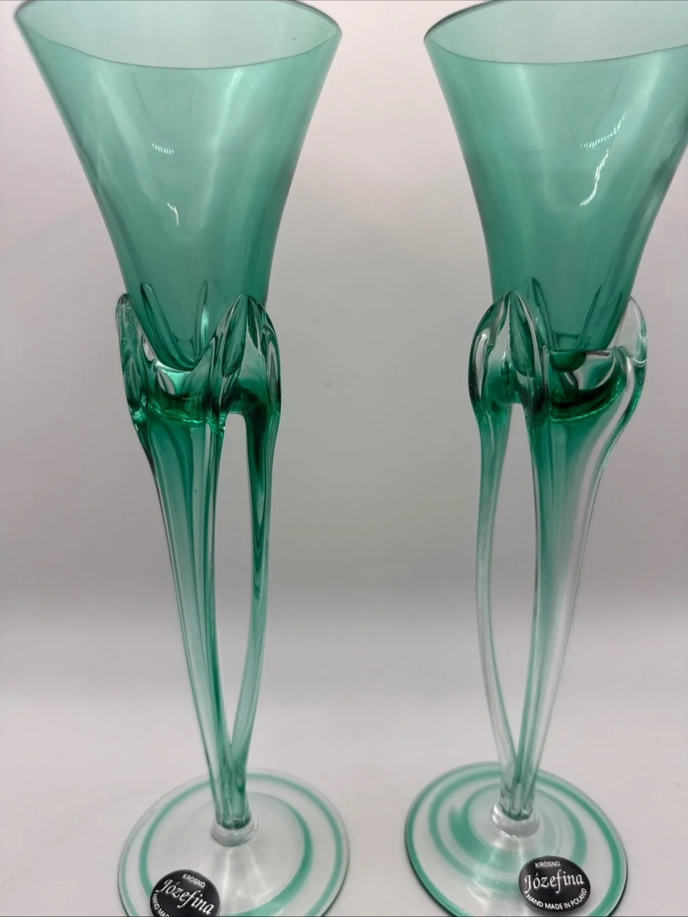 Vintage Set of 2 Green Jozefina Krosno Art Glass Taper Candleholders Hand-Blown